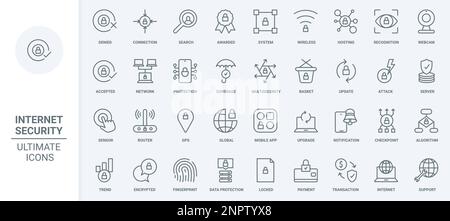 Le icone delle linee sottili di sicurezza online impostano l'illustrazione del vettore. Delineare il sistema di sicurezza informatica e l'hosting sul server, l'aggiornamento e la protezione dei dati con scudo, la connessione wireless sicura accettata e il GPS globale Illustrazione Vettoriale