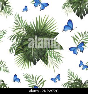 Motivo senza cuciture tropico Monstera e farfalla acquerello isolato su sfondo bianco. Acquerello Llustrazione botanica disegnata a mano per il design packagi Foto Stock