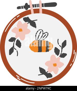 Cerchio ricamato in stile cartoon piatto. Illustrazione vettoriale disegnata a mano di hobby, agugliatura, satin e punto trasversale, motivi vegetali. Illustrazione Vettoriale