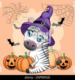 Zebra carina in cappello di strega, con scopa, jack di zucca, pozione magica. Poster, scheda, etichetta e decorazione per Halloween party. Trucco o trattare Illustrazione Vettoriale