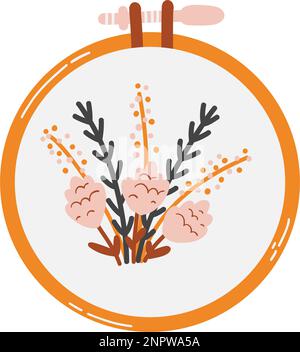 Cerchio ricamato in stile cartoon piatto. Illustrazione vettoriale disegnata a mano di hobby, agugliatura, satin e punto trasversale, motivi vegetali. Illustrazione Vettoriale