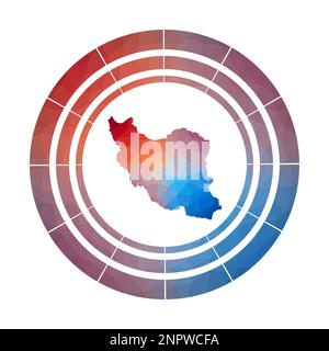 Badge Iran. Logo a sfumatura luminosa del paese in stile poly basso. Multicolore Iran segno arrotondato con mappa in stile geometrico per la vostra infografica. Illustrazione Vettoriale
