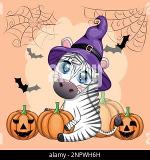 Zebra carina in cappello di strega, con scopa, jack di zucca, pozione magica. Poster, scheda, etichetta e decorazione per Halloween party. Trucco o trattare Illustrazione Vettoriale