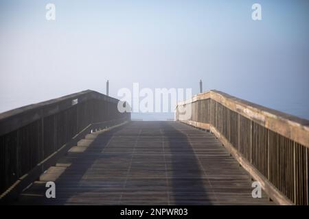 Vecchia passerella in legno che si affaccia su Foggy Beach Foto Stock