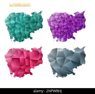 Serie di mappe poligonali vettoriali della Cambogia. Mappa del paese con gradiente luminoso in basso stile polietilene. Illustrazione Vettoriale