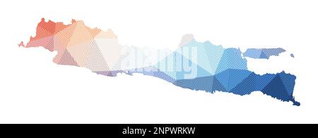 Mappa di Java. Bassa illustrazione poly dell'isola. Disegno geometrico a strisce. Tecnologia, Internet, concetto di rete. Illustrazione vettoriale. Illustrazione Vettoriale