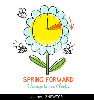 Primavera Daylight Saving Time banner in stile carino doodle cartone animato. Concetto di primavera in avanti con divertente fiore orologio e calendario di cambiare orologi Illustrazione Vettoriale