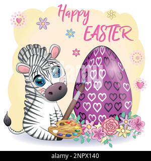 Zebra con uovo di Pasqua, fiori. Biglietto di auguri di Pasqua. Illustrazione Vettoriale