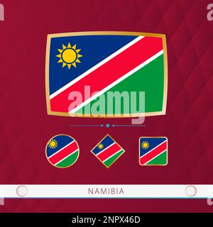 Set di bandiere della Namibia con cornice dorata per eventi sportivi su sfondo astratto della borgogna. Raccolta di flag vettoriali. Illustrazione Vettoriale