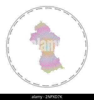 Logo rotondo Guyana. Forma in stile digitale della Guyana in cerchio punteggiato con il nome del paese. Icona tecnica del paese con punti sfumati. Vettore attraente Illustrazione Vettoriale