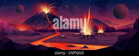 Eruzione di magma d'oro e lava dal vulcano in un paesaggio alieno vettore illustrazione. Fantasy cartoon esplosione di plasma e fuoco nello spazio esterno, pianeta con montagne vulcaniche su sfondo cosmico Illustrazione Vettoriale
