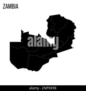 Zambia mappa politica delle divisioni amministrative - province. Mappa nera vuota e nome del paese. Illustrazione Vettoriale