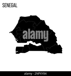 Senegal carta politica delle divisioni amministrative - regioni. Mappa nera vuota e nome del paese. Illustrazione Vettoriale