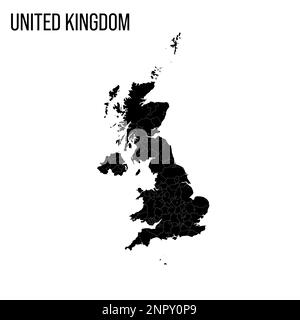 Regno Unito di Gran Bretagna e Irlanda del Nord Mappa politica delle divisioni amministrative: Contee, autorità unitarie e Greater London in Inghilterra, distretti dell'Irlanda del Nord, aree del consiglio della Scozia e contee, distretti e città del Galles. Mappa nera vuota e nome del paese. Illustrazione Vettoriale