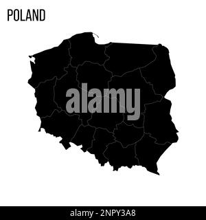 Polonia carta politica delle divisioni amministrative - voivodeships. Mappa nera vuota e nome del paese. Illustrazione Vettoriale
