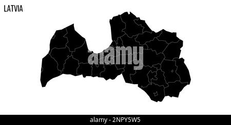 Lettonia carta politica delle divisioni amministrative - comuni e città. Mappa nera vuota e nome del paese. Illustrazione Vettoriale