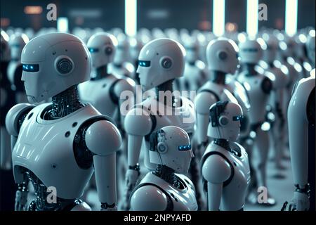 Ai computer Technology Smart Factory, industria 4,0, M2M computer Aided Manufacturing. Robot che lavora in linea di produzione di fabbrica con la macchina Foto Stock