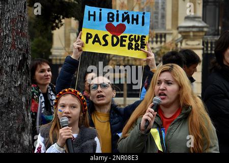 Marsiglia, Francia. 25th Feb, 2023. I manifestanti cantano slogan durante la manifestazione davanti al consolato russo a Marsiglia. Gli ucraini francesi e i loro sostenitori protestano contro l'invasione russa dell'Ucraina dopo un anno di guerra. Credit: SOPA Images Limited/Alamy Live News Foto Stock