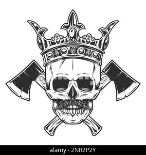 Cranio in corona re reale con baffi e croce di legno ascia lavoro legno o lumberjack emblema costruzione strumento Illustrazione Vettoriale