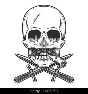 Cranio fumo sigaro o sigaretta con baffi e coltello incrociato dagger isolato su sfondo bianco bianco bianco bianco bianco immagine monocromatica vintage Illustrazione Vettoriale