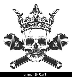 Cranio re con baffi in corona con chiave da costruzione per gas e builder tubature o carrozzeria utensile meccanico di riparazione chiavi in bianco e nero Illustrazione Vettoriale