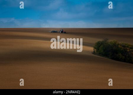 Lavorare con un trattore agricolo nei campi della Moravia. Un meraviglioso cielo blu. repubblica Ceca, Moravia, Repubblica Ceca Foto Stock