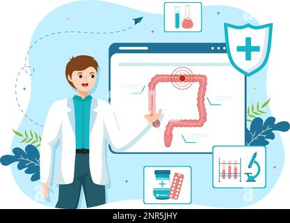 Proctologo o Colonoscopia Illustrazione con un medico esamina del Colon e batteri nocivi in Cartoon mano disegnato per Landing Page Templates Illustrazione Vettoriale