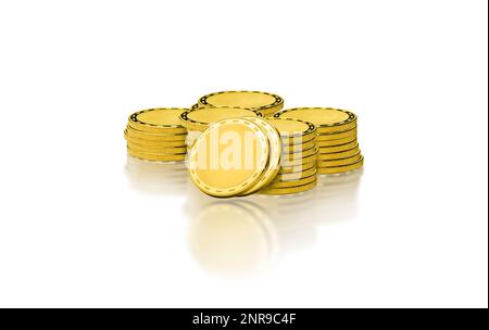 Pile di monete d'oro isolate su sfondo bianco con riflessione, rappresentazione in 3D, concetto commerciale e finanziario. Foto Stock