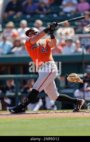 Lakeland FL USA; Baltimore Orioles catcher James McCann (27) mette la palla in gioco durante un gioco di allenamento primaverile MLB contro i Detroit Tigers AT Foto Stock