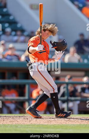 Lakeland FL USA; Baltimore Orioles shortstop Jackson Holliday (87) perde il suo casco mentre si trova al pipistrello durante una partita di allenamento primaverile contro i Detroi Foto Stock