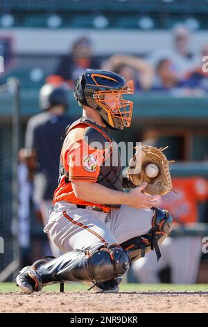 Lakeland FL USA; Baltimore Orioles catcher Maverick Handley (99) durante una partita di allenamento primaverile contro le Detroit Tigers al Publix Field a Joke Foto Stock