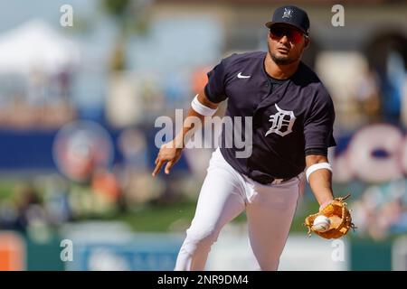 Lakeland FL USA; Detroit Tigers secondo baseman Jermaine Palacios (72) campi e capovolge la palla con il suo guanto per primo per il terzo fuori dell'interno Foto Stock