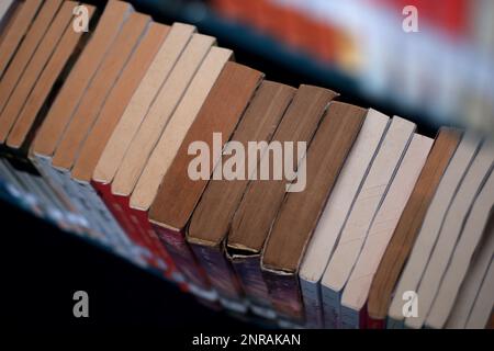 L'arrangiamento dei libri visto dall'alto, nella biblioteca del villaggio di Air Belo durante il giorno Foto Stock