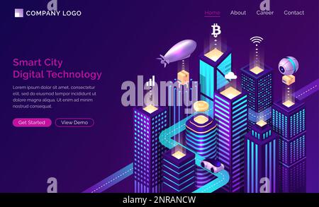 Infrastruttura di città intelligente, Internet of Things e tecnologia di rete wireless, vettore di concetto isometrico. Alti edifici urbani con simbolo wireless, trasporto isolato su banner ultravioletto Illustrazione Vettoriale