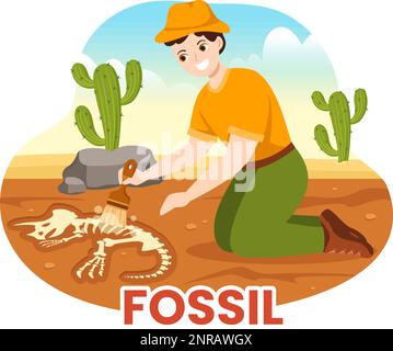 L'illustrazione fossile con gli archeologi trova gli scheletri dei dinosauri sugli scavi o scavando gli strati del suolo in modelli disegnati a mano del cartoon piano Illustrazione Vettoriale