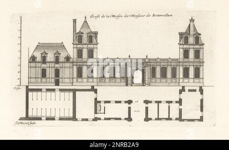 Profilo della casa di Alexandre le Ragois de Bretonvilliers, 1621-1676. Un ricco sacerdote cattolico, ha costruito l'Hotel de Bretonvilliers sulla punta di Ile Notre-Dame (ora Ile Saint-Louis). Profil de la Maison de Monsr. De Bretonvillers. Incisione in copperplate disegnata e incisa da Jean Marot dal suo Recueil des Plans, Profils et Elevations de Plusieurs Palais, Chasteaux, Eglises, sepolture, Grotte et Hotel, Collezione di piani, profili ed elevazioni di palazzi, castelli, chiese, tombe, grotte e Alberghi, chez Mariette, Parigi, 1655. Foto Stock