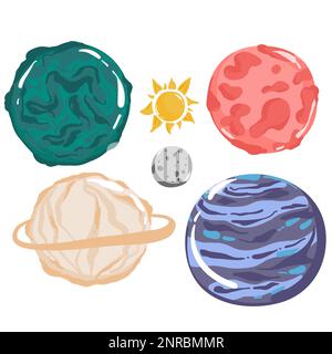 Alien Planets vettoriale cartoon set di spazio gioco interfaccia utente, ui o gui design. Fantasy galassia universo pianeti e stelle con crateri, asteroidi e. Illustrazione Vettoriale