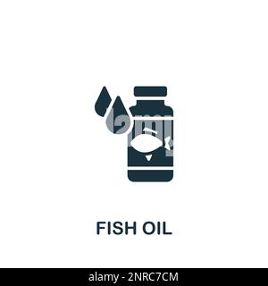 Icona dell'olio di pesce. Semplice segno monocromatico dalla collezione della farmacia. Icona dell'olio di pesce per logo, modelli, web design e infografica. Illustrazione Vettoriale