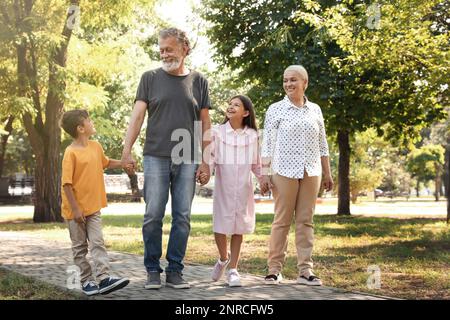 I nonni felici con i bambini piccoli che camminano insieme nel parco Foto Stock