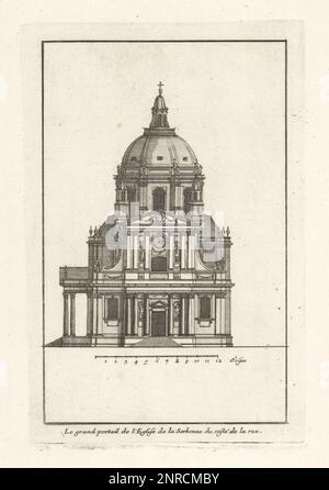 La facciata anteriore della Cappella della Sorbona, Parigi, vista dalla strada. Progettato da Jacques Lemercier per il cardinale Richelieu nel 1622. Le Grand portail de l'Eglise de la Sorbonne du coste de la rue. Incisione su copperplate disegnata e incisa da Jean Marot dal suo Recueil des Plans, Profils et Elevations de Plusieurs Palais, Chasteaux, Eglises, sepolture, Grotte et Hotels, Raccolta di piani, profili ed elevazioni di palazzi, castelli, chiese, tombe, grotte e alberghi, chez Mariette, Parigi, 1655. Foto Stock