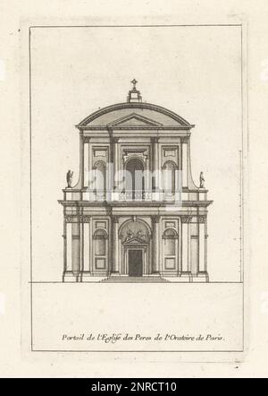 Di fronte alla Chiesa dell'Oratoire du Louvre, come originariamente progettato dagli architetti Clement Metezeau e Jacques Lemercier nel 17th ° secolo. Mai finito e successivamente ricostruito. Portail de l'Eglise des Peres de l'Oratoire de Paris. Incisione su copperplate disegnata e incisa da Jean Marot dal suo Recueil des Plans, Profils et Elevations de Plusieurs Palais, Chasteaux, Eglises, sepolture, Grotte et Hotels, Raccolta di piani, profili ed elevazioni di palazzi, castelli, chiese, tombe, grotte e alberghi, chez Mariette, Parigi, 1655. Foto Stock