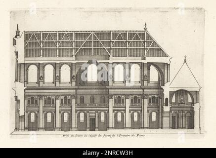 Sezione dell'interno della Chiesa dell'Oratoire du Louvre, come originariamente progettato dagli architetti Clement Metezeau e Jacques Lemercier nel 17th ° secolo. Mai finito e successivamente ricostruito. Profil du dedans de l'Eglise des Peres de l'Oratoire de Paris. Incisione su copperplate disegnata e incisa da Jean Marot dal suo Recueil des Plans, Profils et Elevations de Plusieurs Palais, Chasteaux, Eglises, sepolture, Grotte et Hotels, Raccolta di piani, profili ed elevazioni di palazzi, castelli, chiese, tombe, grotte e alberghi, chez Mariette, Parigi, 1655. Foto Stock