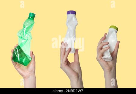 Collage con foto di donne che tengono bottiglie di plastica su sfondo giallo, primo piano Foto Stock