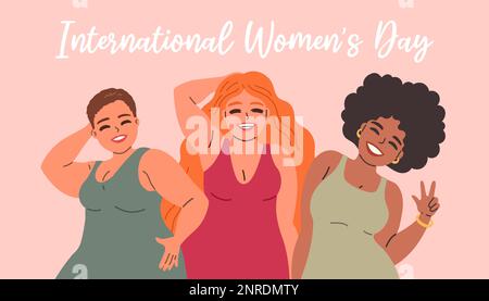 Giornata internazionale delle donne. Illustrazione vettoriale di donne diverse sorridenti felici in piedi insieme. Isolato EPS10 Illustrazione Vettoriale