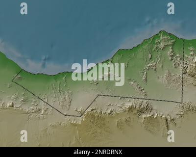 Sahil, regione della Somalia. Mappa dell'altitudine colorata in stile wiki con laghi e fiumi Foto Stock