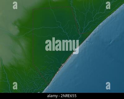 Jubbada Hoose, regione della Somalia continentale. Mappa di altitudine colorata con laghi e fiumi Foto Stock