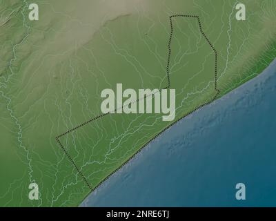 Shabeellaha Hoose, regione della Somalia continentale. Mappa dell'altitudine colorata in stile wiki con laghi e fiumi Foto Stock