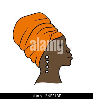 Illustrazione disegnata a mano di una donna nera afroamericana con una foulard da capo tradizionale di origine etnica arancione. Black Lives Matter moda design, stampa moderna ed elegante per prodotti di bellezza, stile minimalista Foto Stock