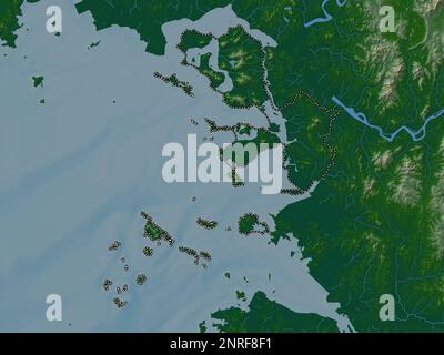 Incheon, città metropolitana della Corea del Sud. Mappa di altitudine colorata con laghi e fiumi Foto Stock