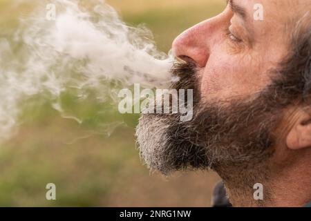uomo di profilo fumare marijuana e soffiare fuori fumo Foto Stock